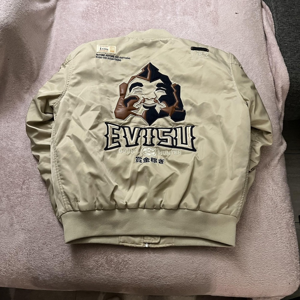 Evisu Heritage Jacket Mens XL Beige Bomber Bounty Hunter Embroidered Back Logo - Picture 5 of 15